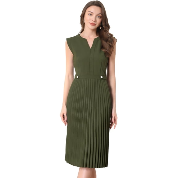 DARING DIVA Women's V Neck Sleeveless Button Pleated Midi Dresses XS Army Green