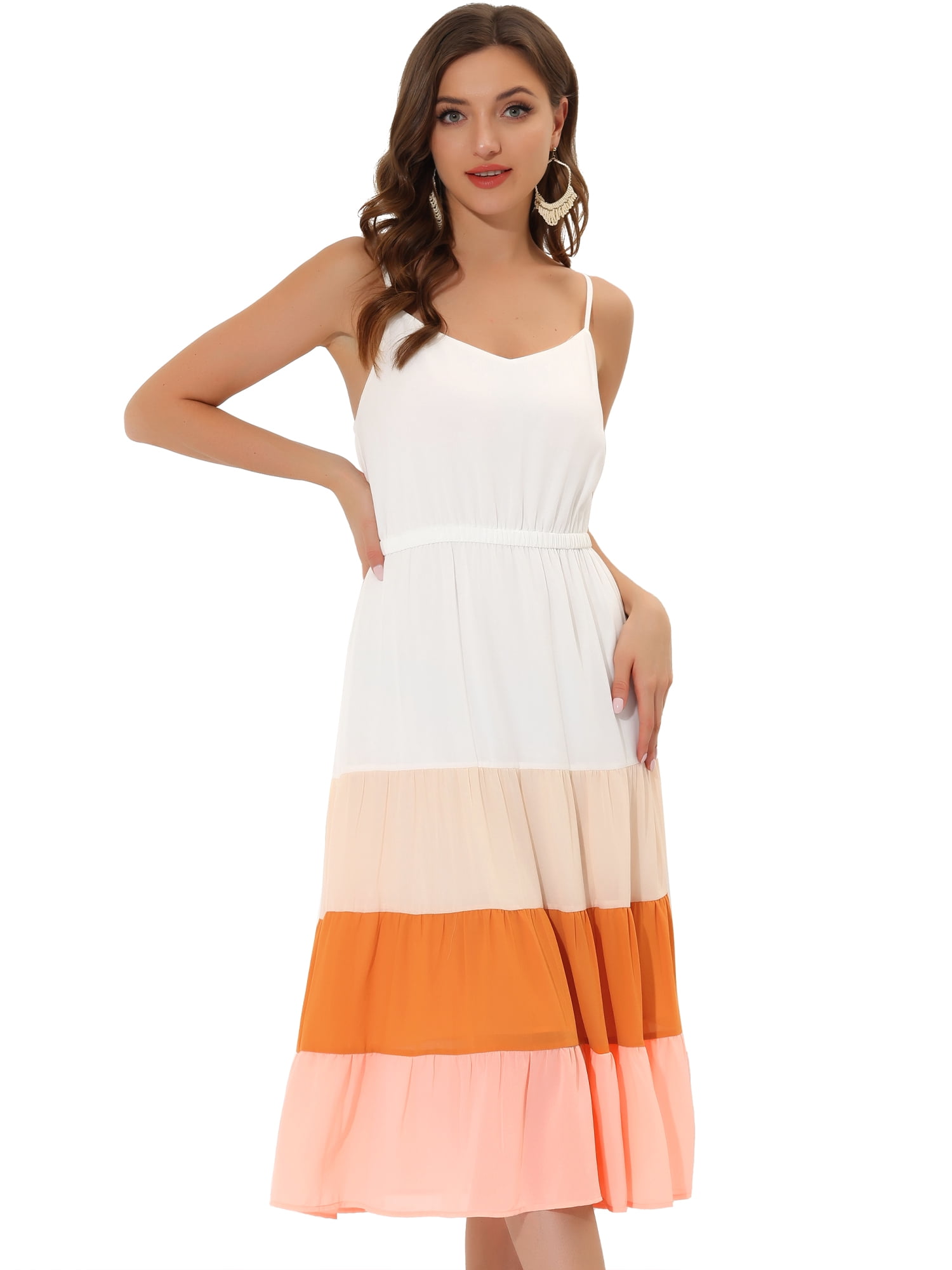 DARING DIVA Women's V Neck Sleeveless Elastic Waist Maxi Dress XS White Pink