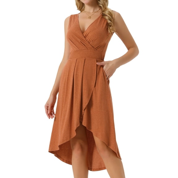 DARING DIVA Women's V Neck Sleeveless Midi Wrap Dresses M Caramel