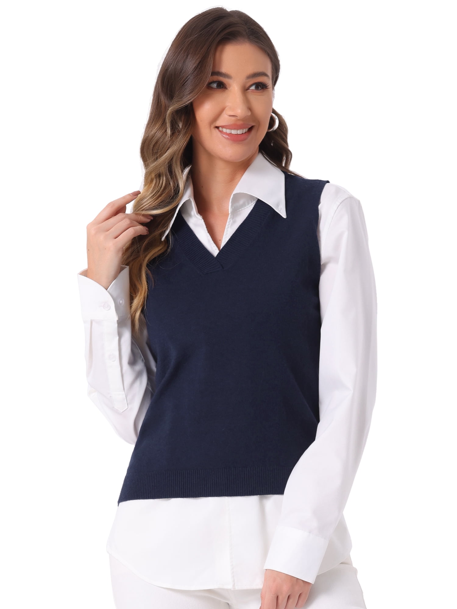 DARING DIVA Women's V Neck Sleeveless Pullover Sweater Vests L Dark Blue