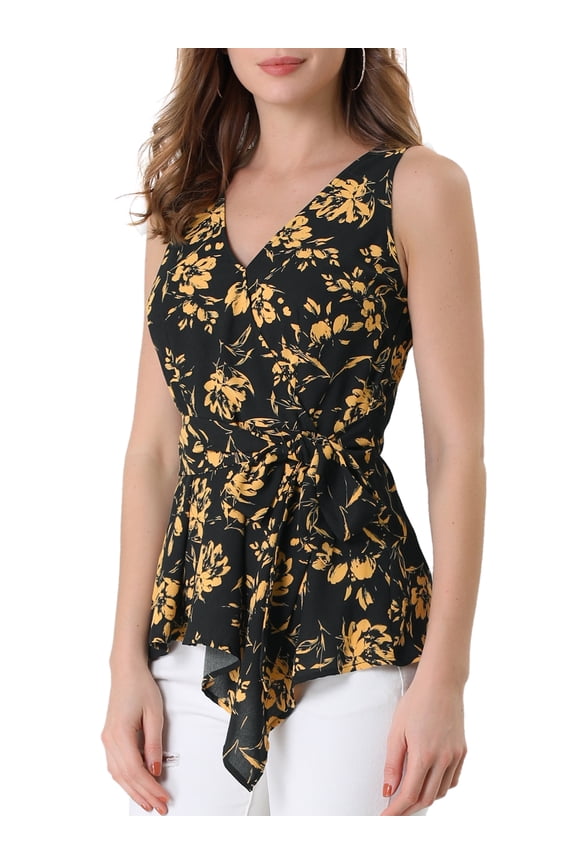 Women's V Neck Sleeveless Wrap Peplum Tie Waist Top L Black Yellow