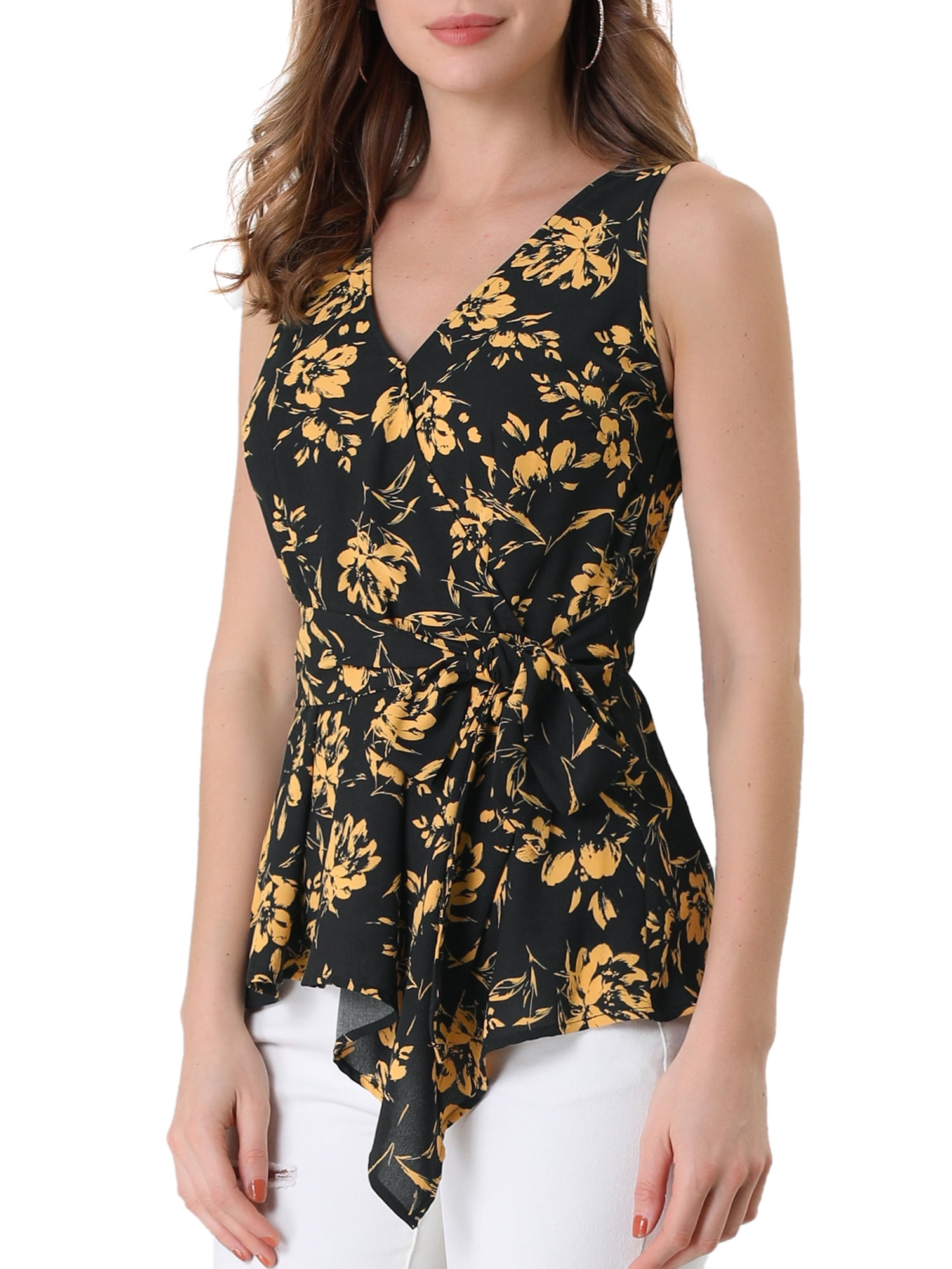 DARING DIVA Women's V Neck Sleeveless Wrap Peplum Tie Waist Top XL Black Yellow