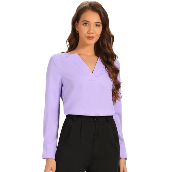 DARING DIVA Women's V Neck Solid Long Sleeve Tops for Formal Office M Light Purple