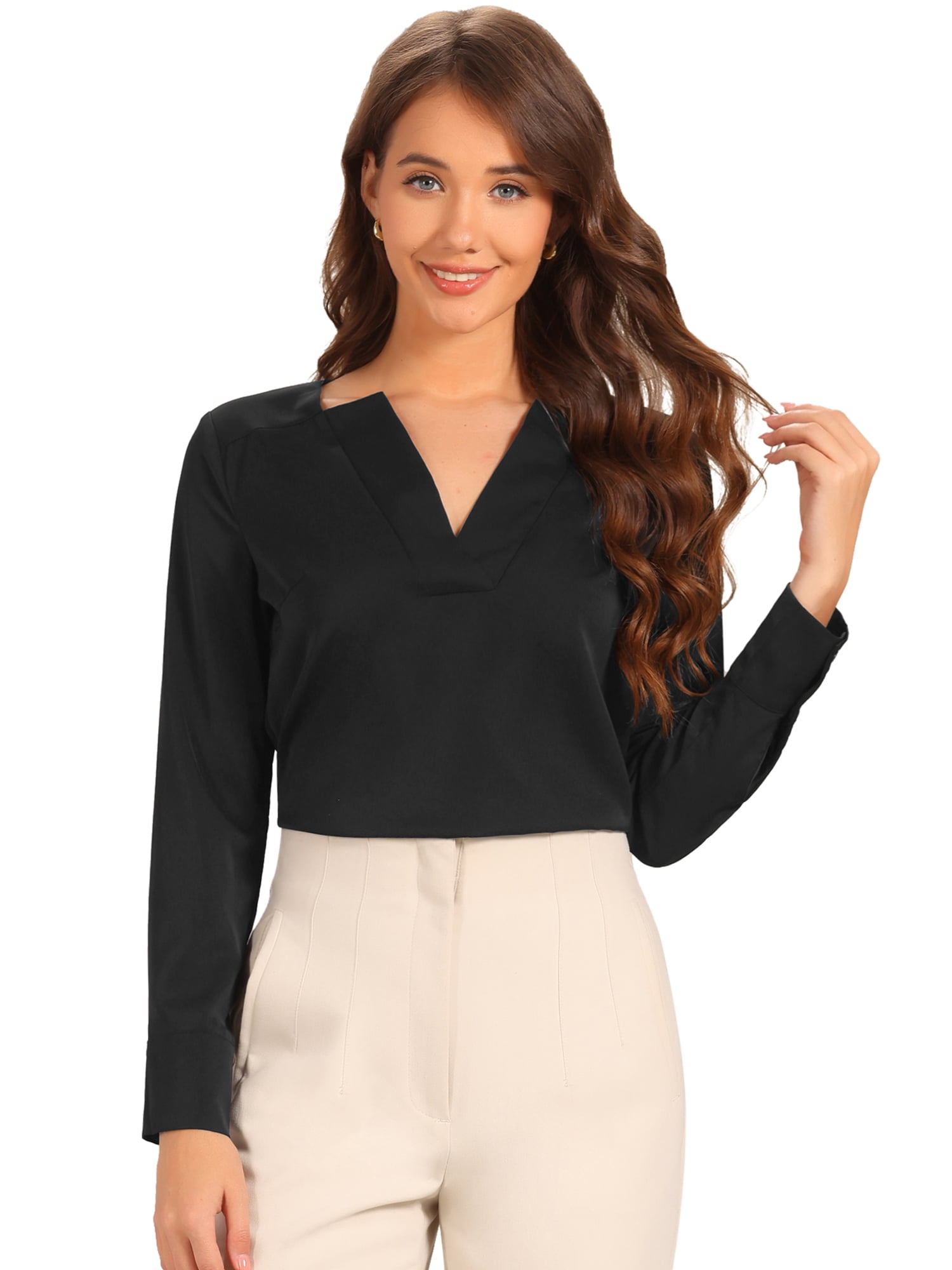 DARING DIVA Women's V Neck Solid Long Sleeve Tops for Formal Office XL Black