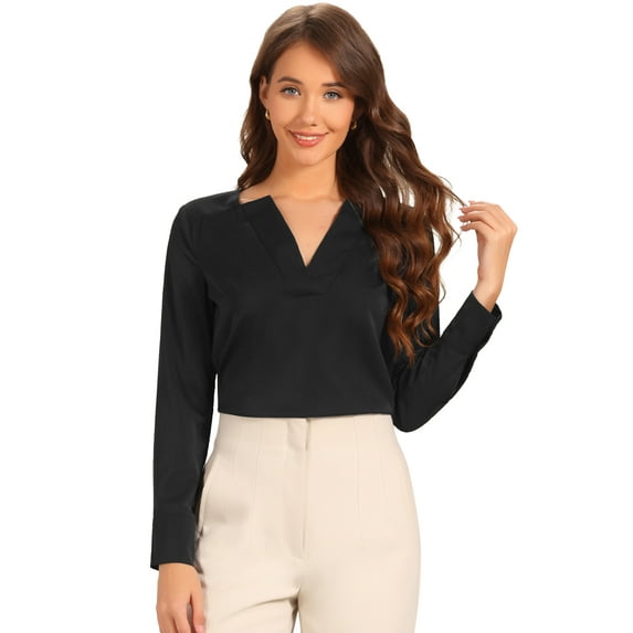 DARING DIVA Women's V Neck Solid Long Sleeve Tops for Formal Office XL Black