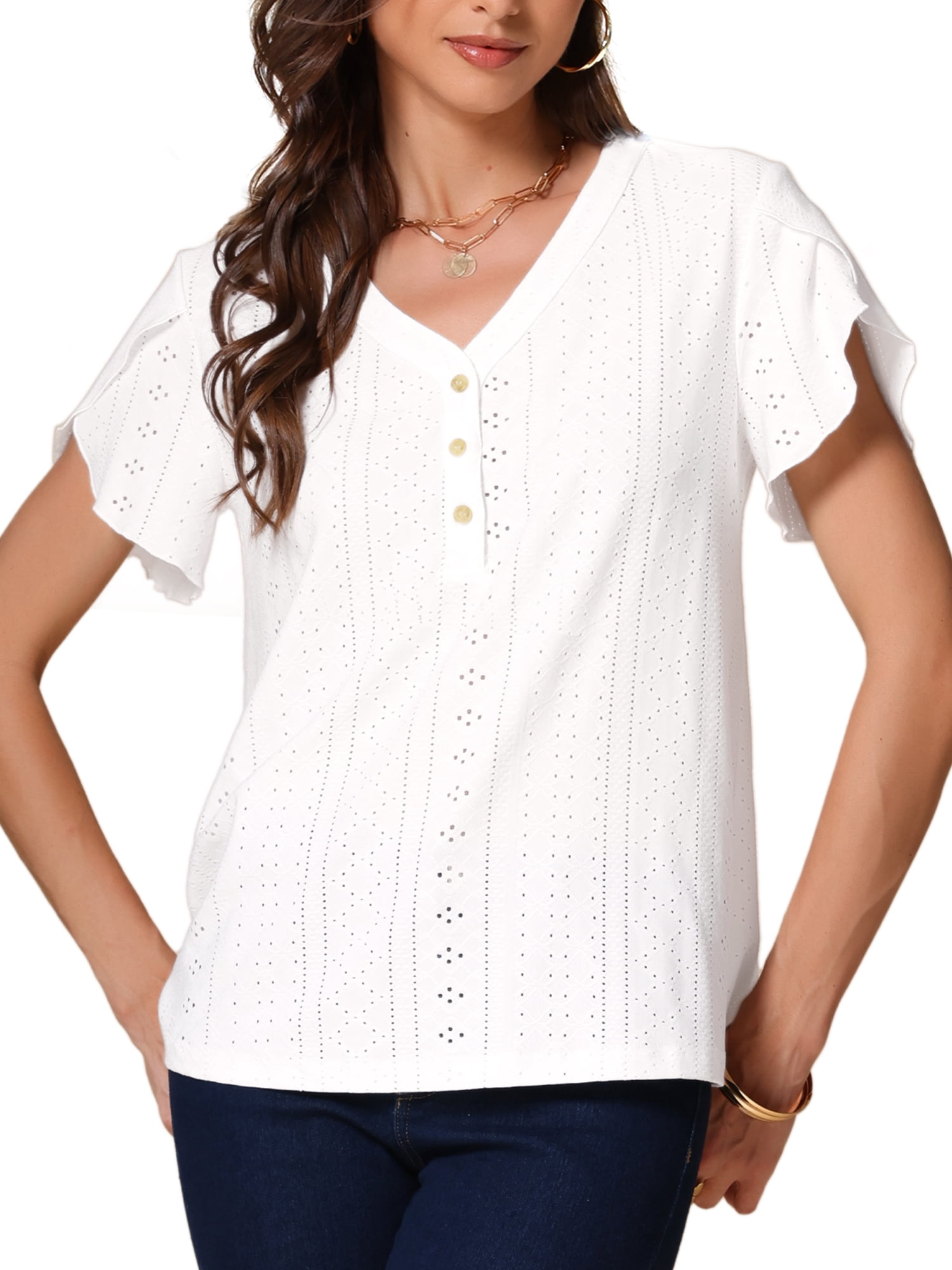 DARING DIVA Women's V Neck Tulip Sleeve Loose Fit Summer Top L White