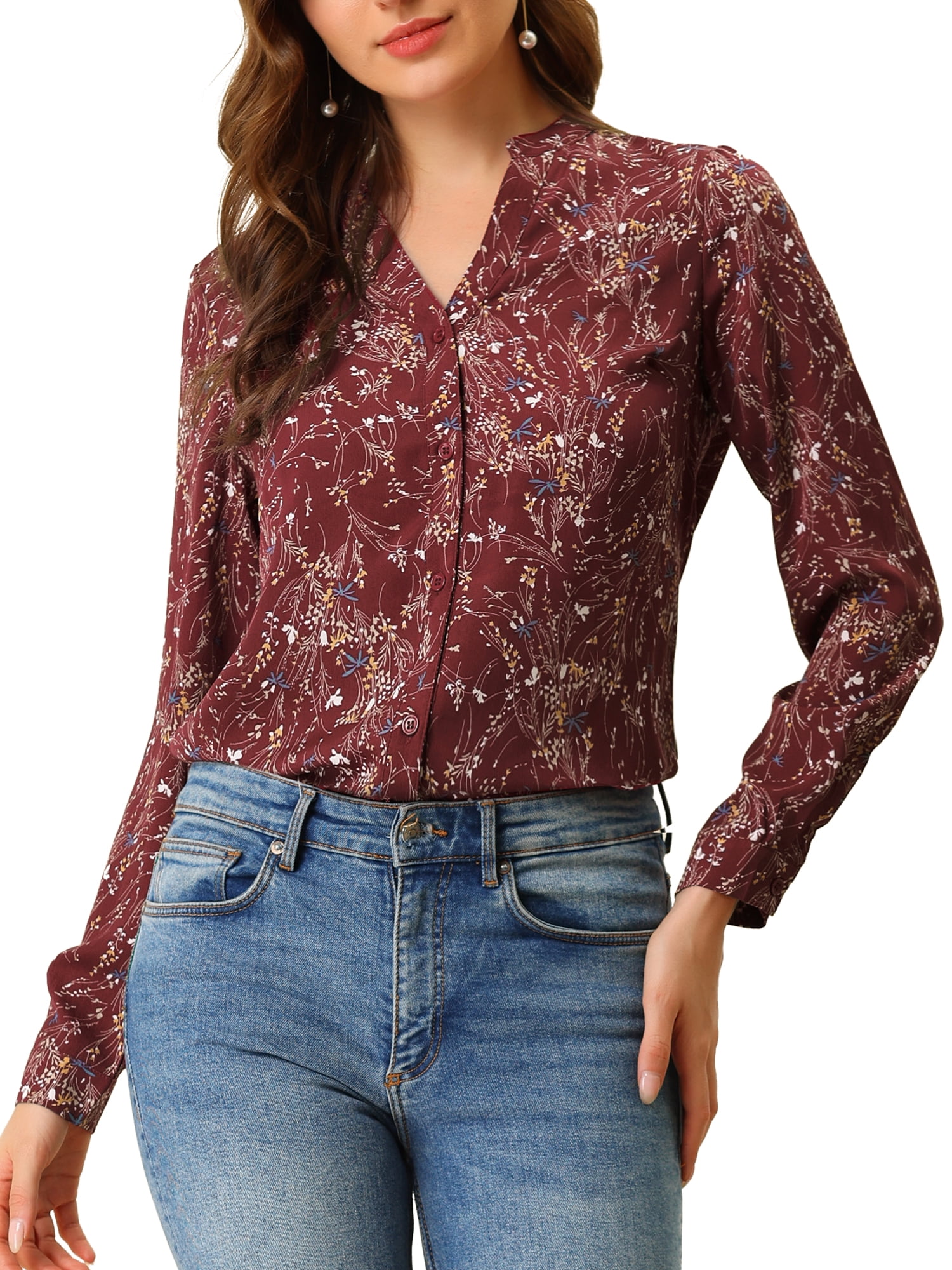 DARING DIVA Women's V Neck Tunic Top Button Up Blouse M Burgundy
