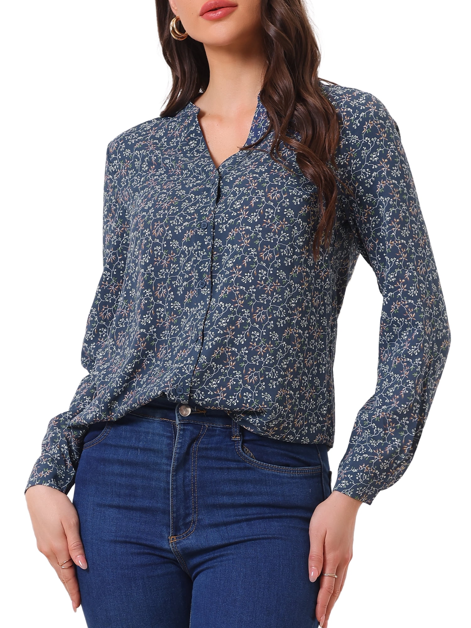 DARING DIVA Women's V Neck Tunic Top Button Up Blouse XL Dark Grey Blue