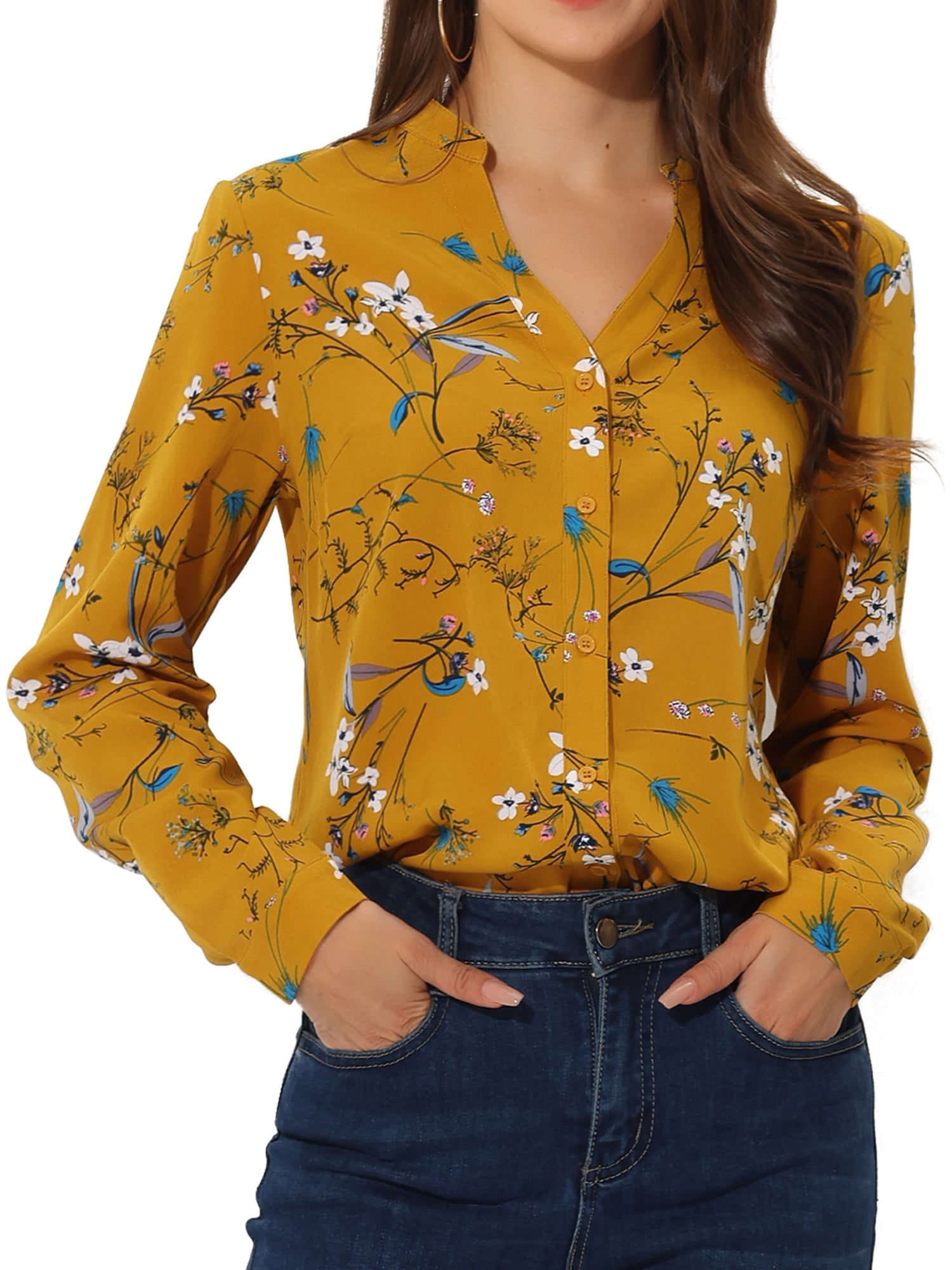 DARING DIVA Women's V Neck Tunic Top Button Up Blouse XL Yellow