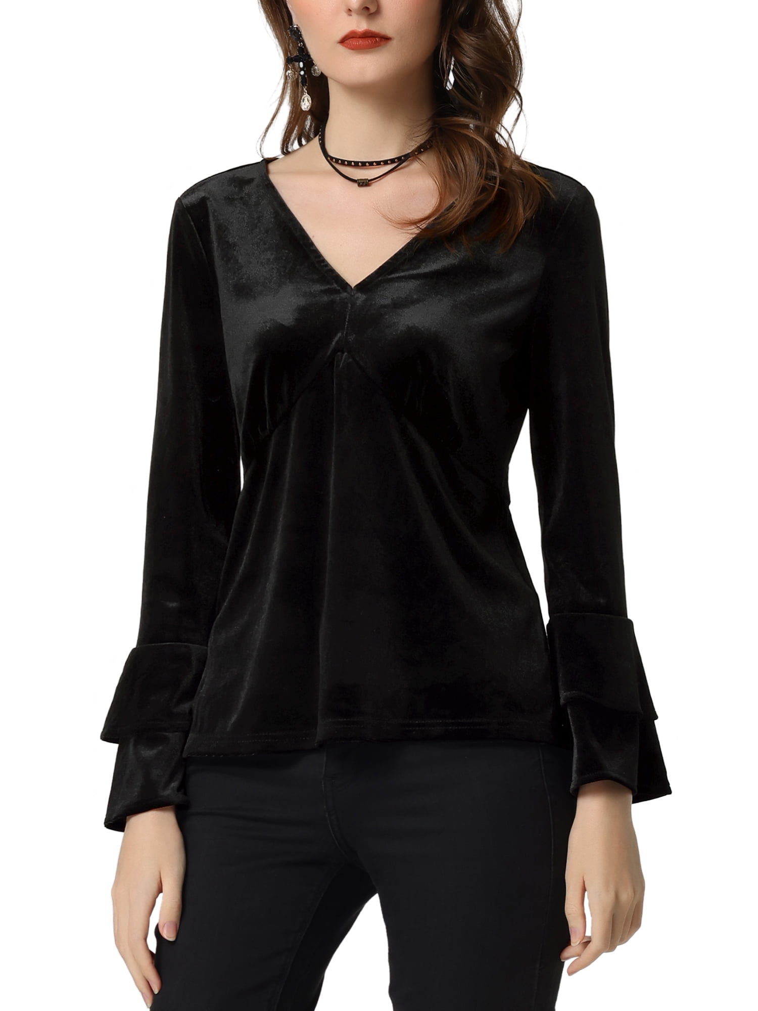 DARING DIVA Women's V Neck Velvet Blouse Flare Casual Top L Black