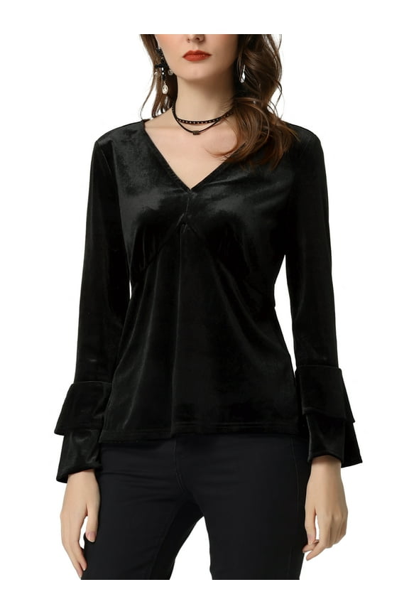 Women's V Neck Velvet Blouse Flare Casual Top L Black
