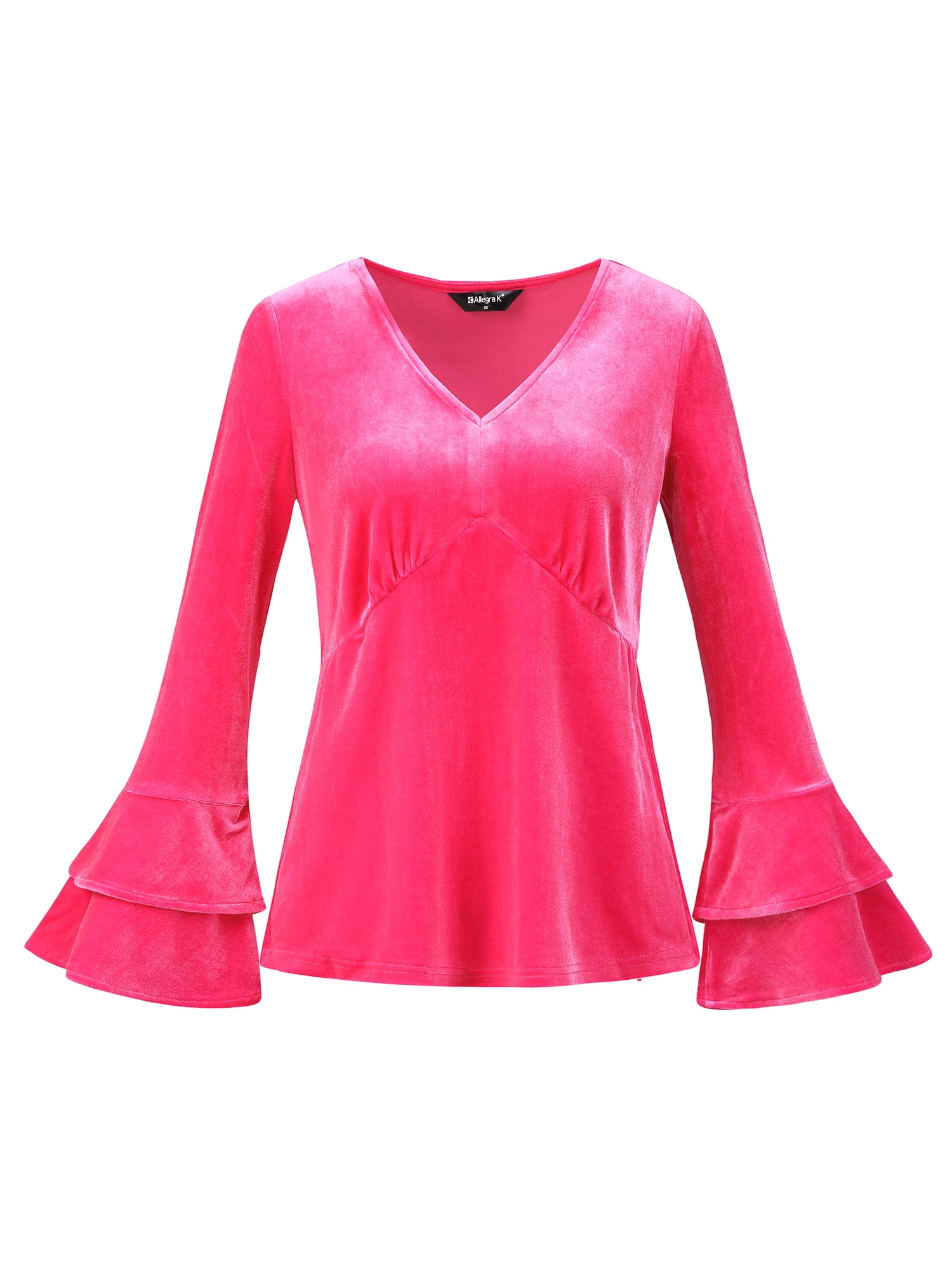 DARING DIVA Women's V Neck Velvet Blouse Flare Casual Top XS Hot Pink