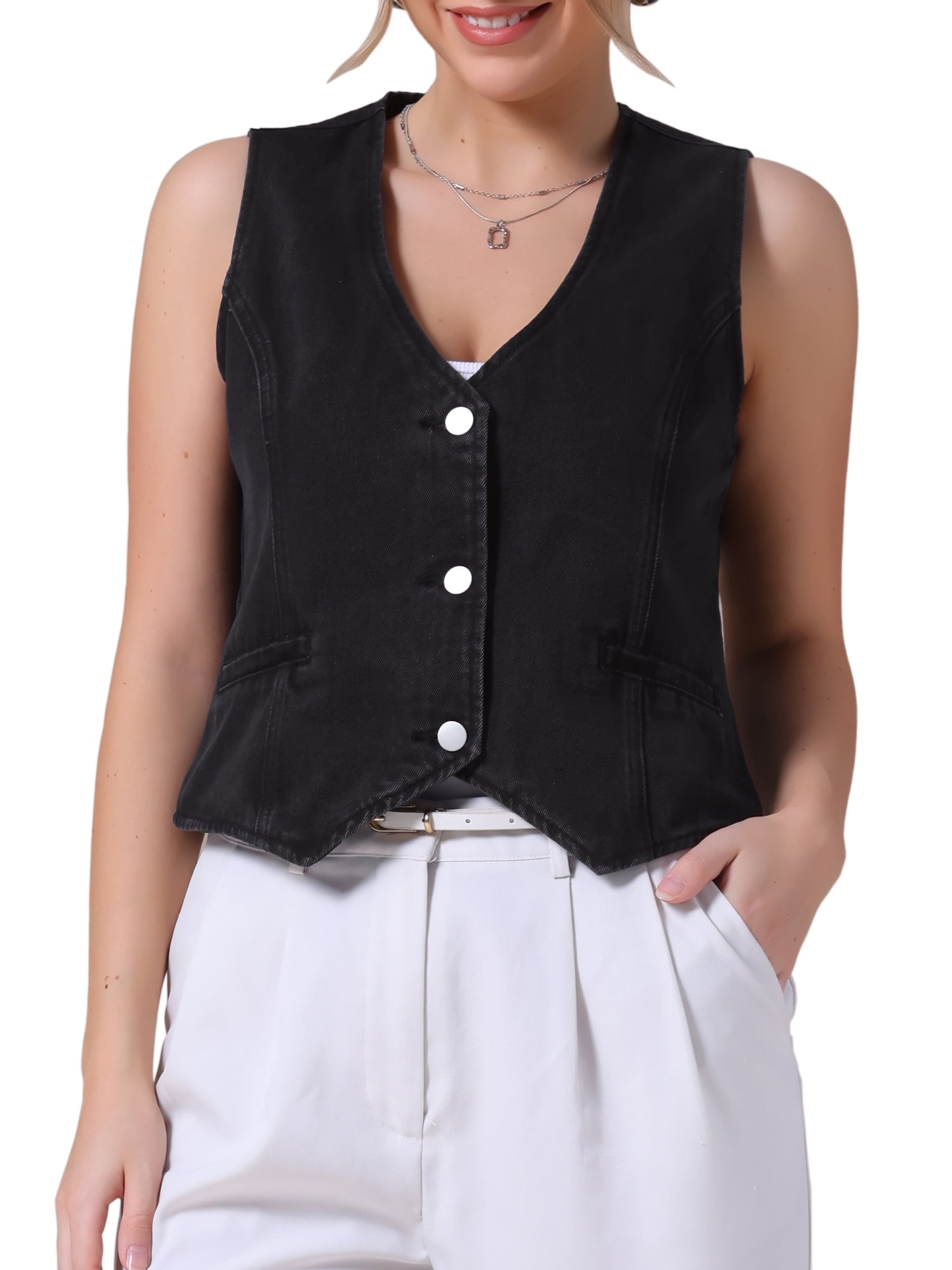 DARING DIVA Women's V Neck Waistcoat Top Casual Jean Vests L Black