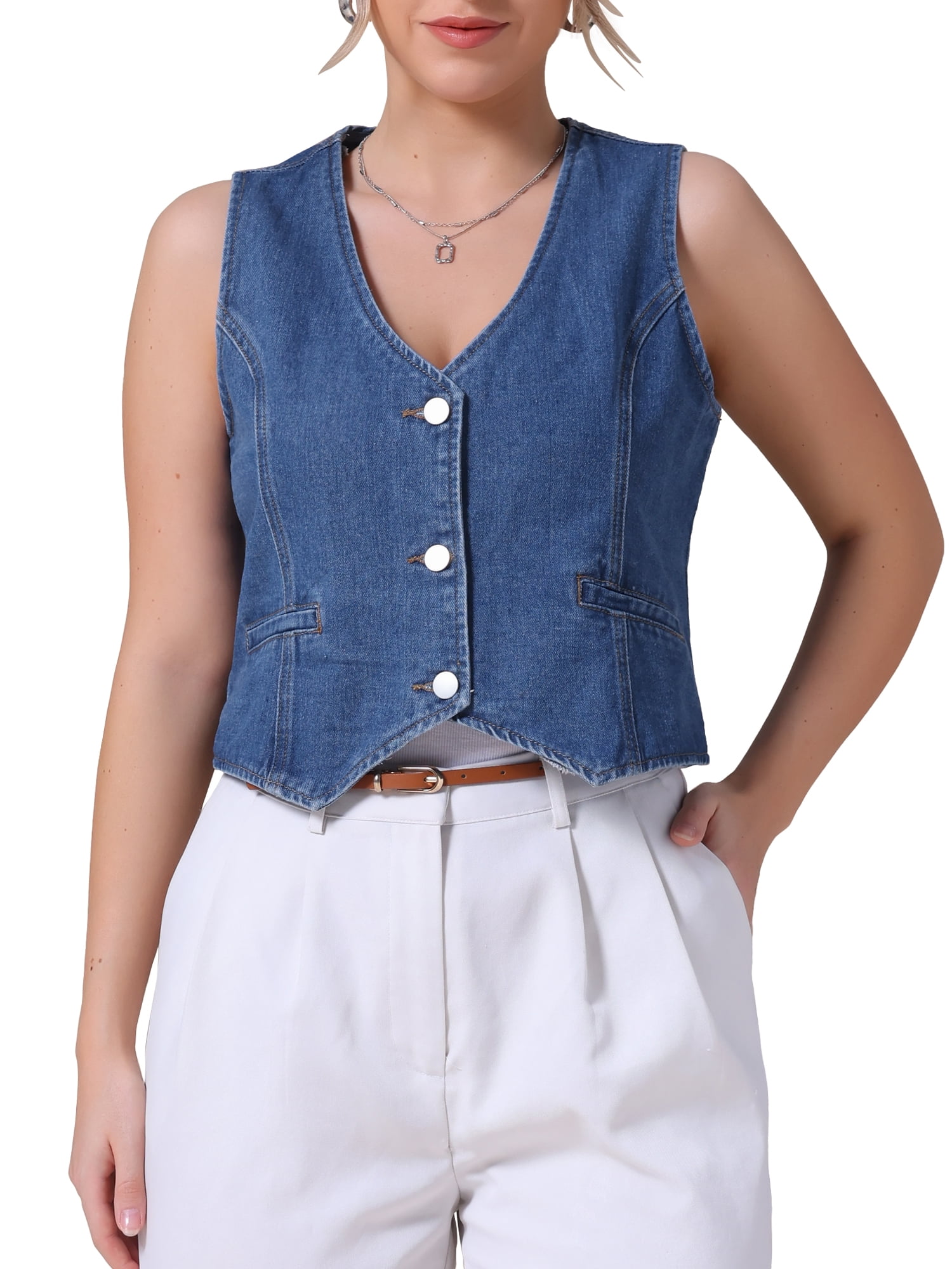 DARING DIVA Women's V Neck Waistcoat Top Casual Jean Vests L Blue