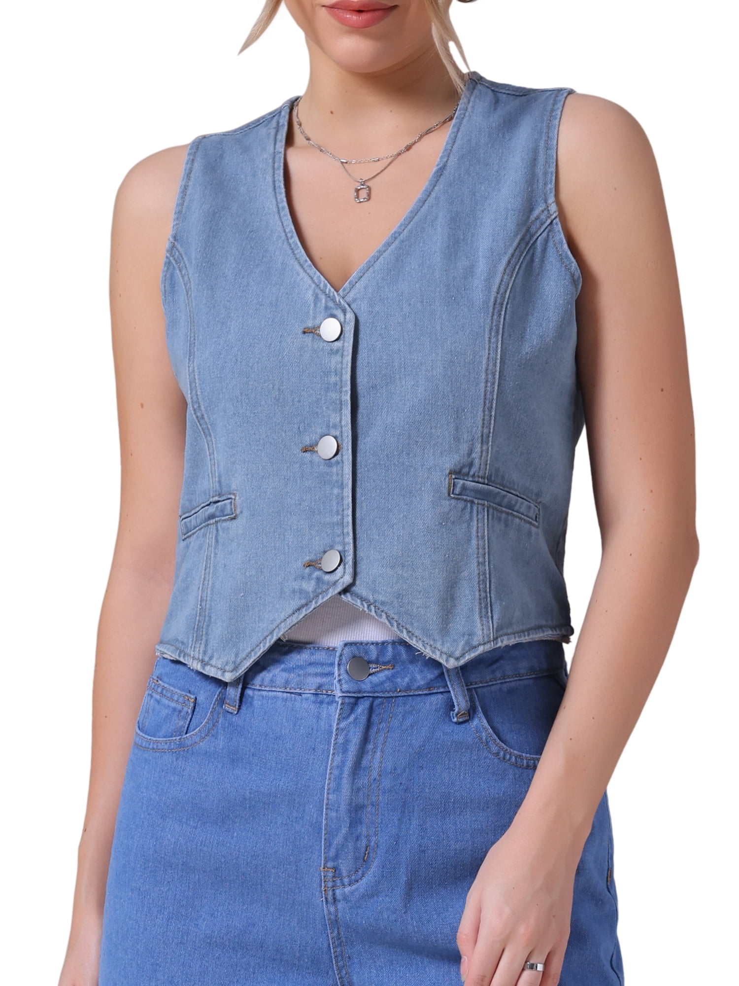 DARING DIVA Women's V Neck Waistcoat Top Casual Jean Vests L Light Blue