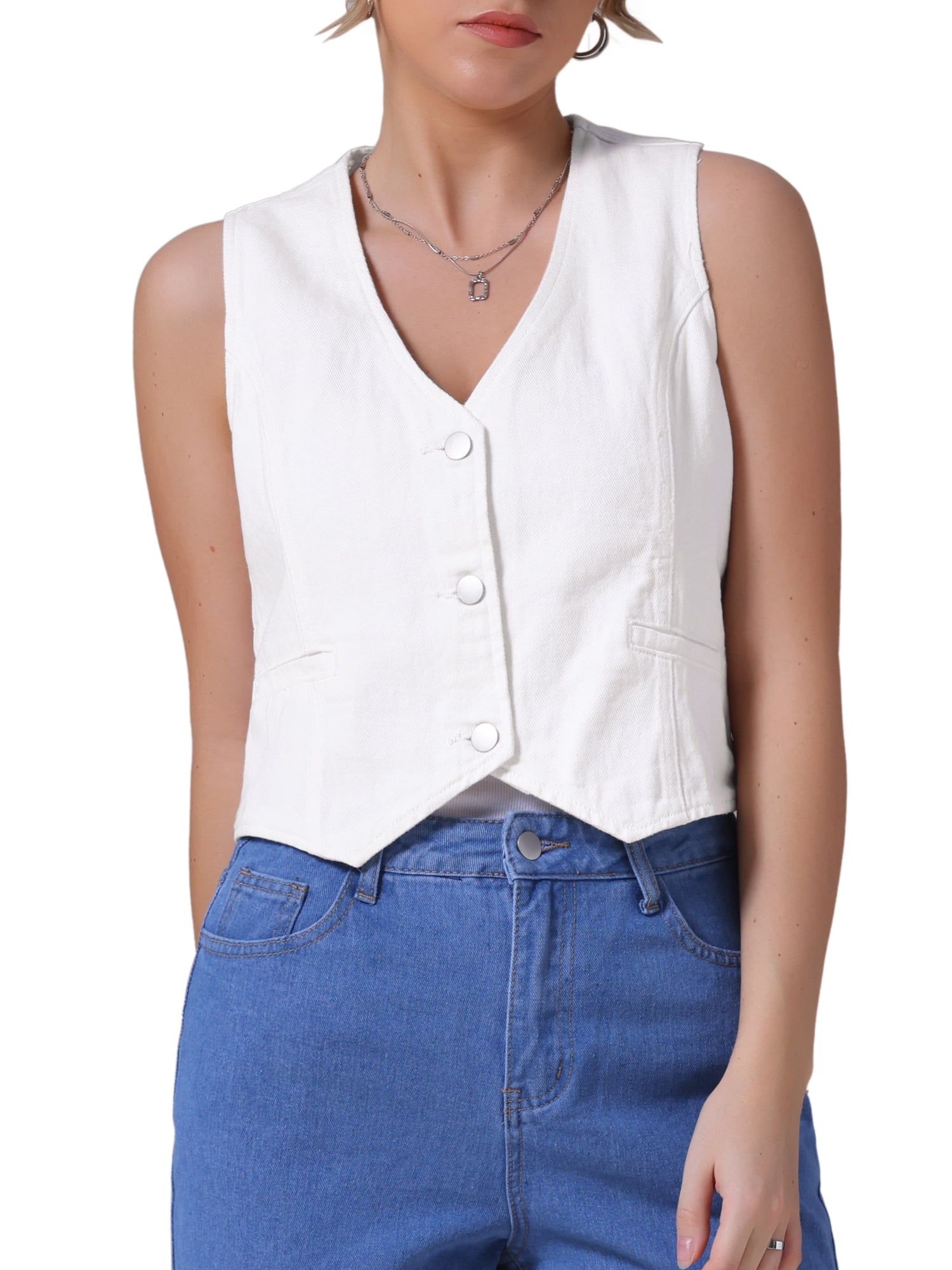 DARING DIVA Women's V Neck Waistcoat Top Casual Jean Vests L White