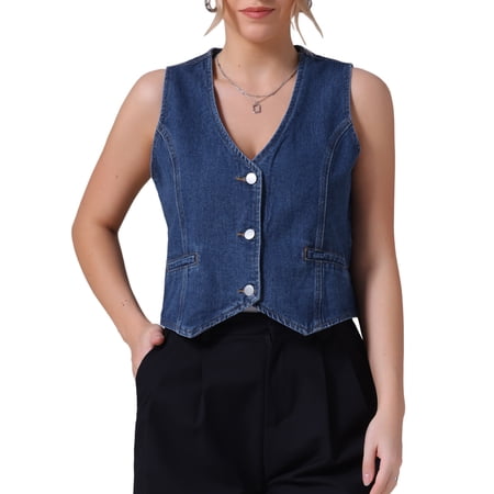 DARING DIVA Women's V Neck Waistcoat Top Casual Jean Vests M Dark Blue