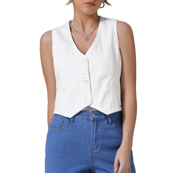 DARING DIVA Women's V Neck Waistcoat Top Casual Jean Vests S White