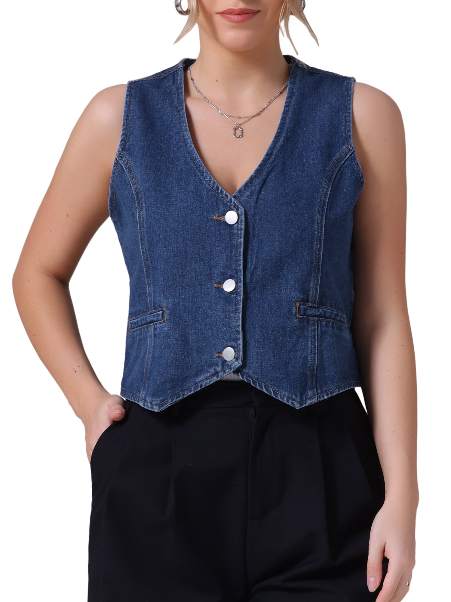 DARING DIVA Women's V Neck Waistcoat Top Casual Jean Vests XL Dark Blue