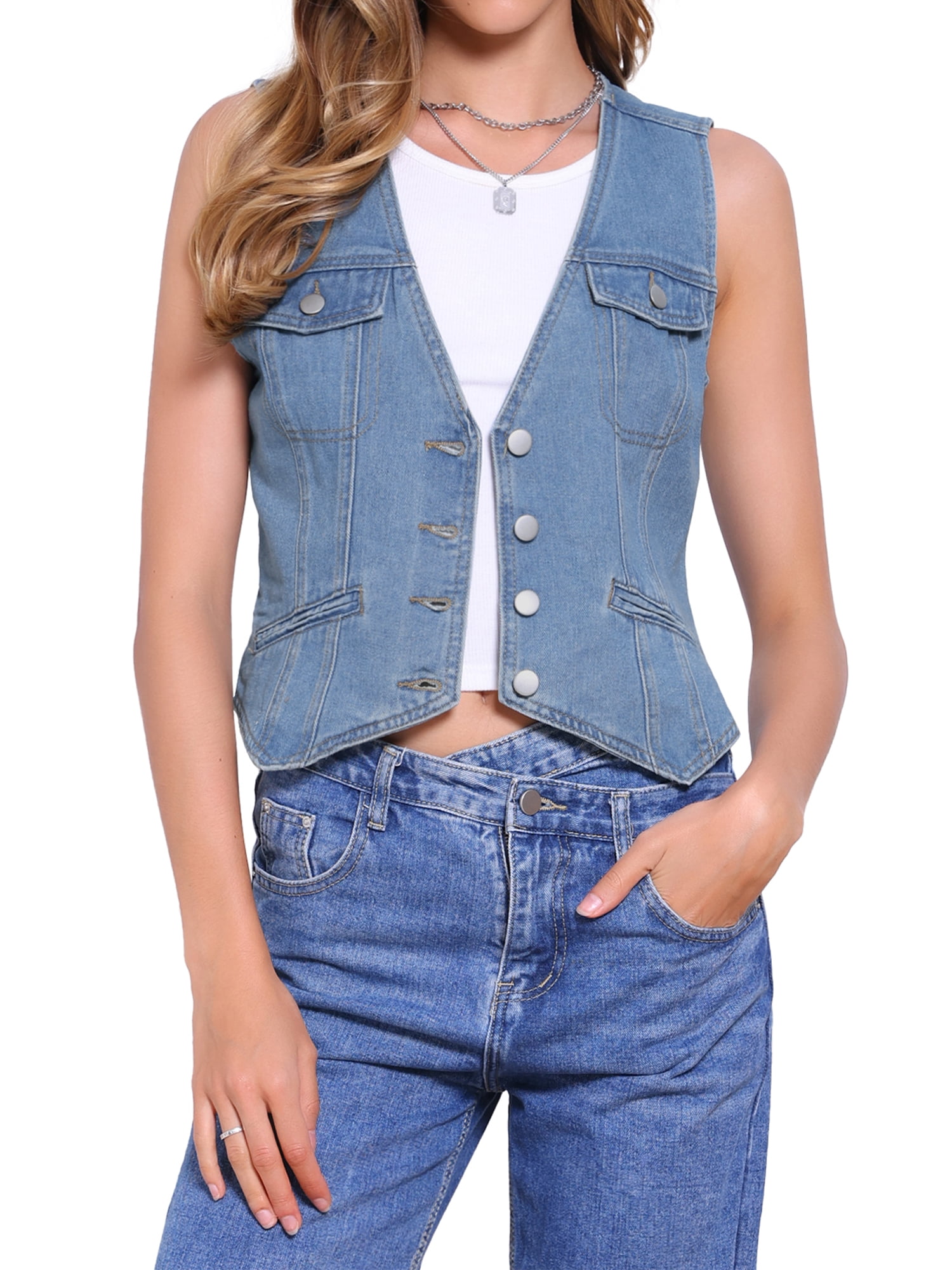 DARING DIVA Women's V Neck Western Waistcoat Sleeveless Jean Jacket M Blue