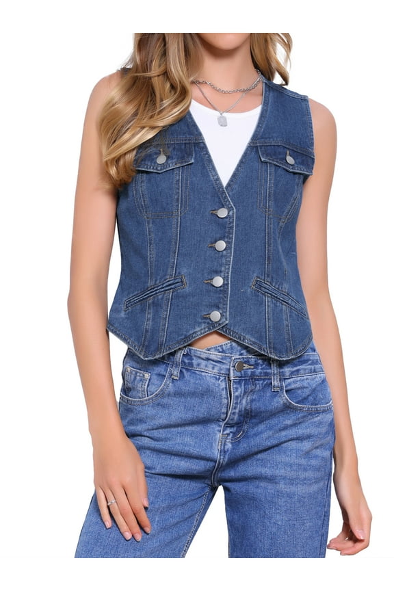Women's V Neck Western Waistcoat Sleeveless Jean Jacket M Dark Blue