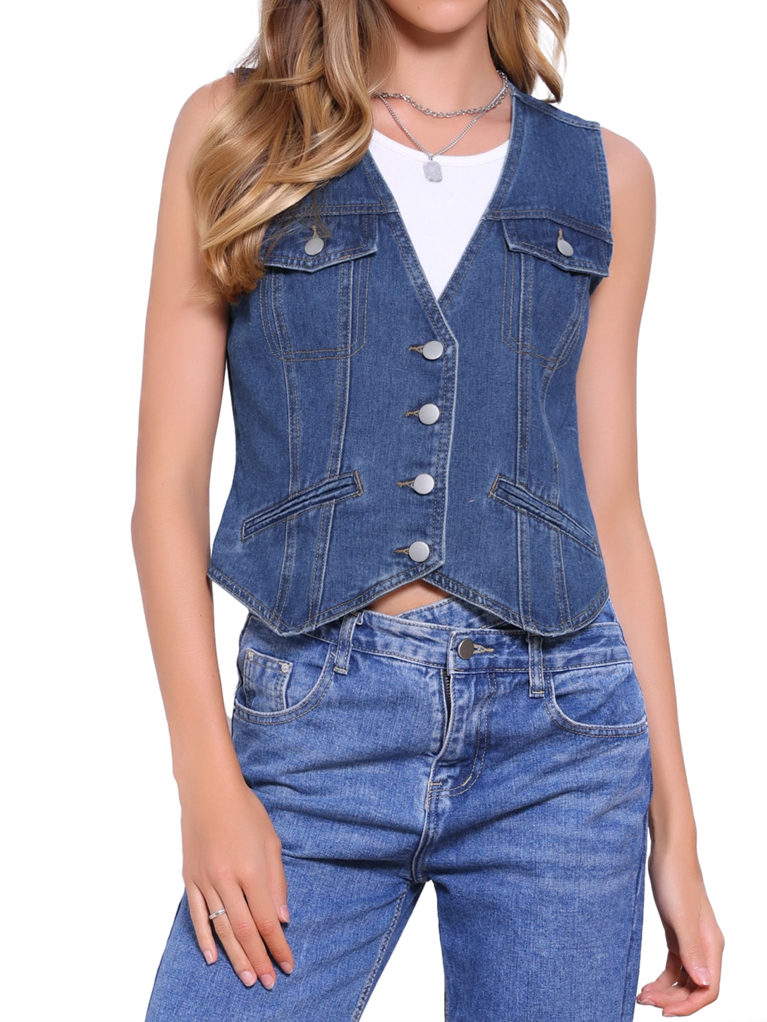 DARING DIVA Women's V Neck Western Waistcoat Sleeveless Jean Jacket S Dark Blue