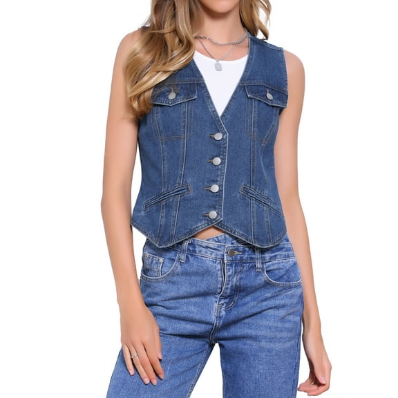 DARING DIVA Women's V Neck Western Waistcoat Sleeveless Jean Jacket XS Dark Blue