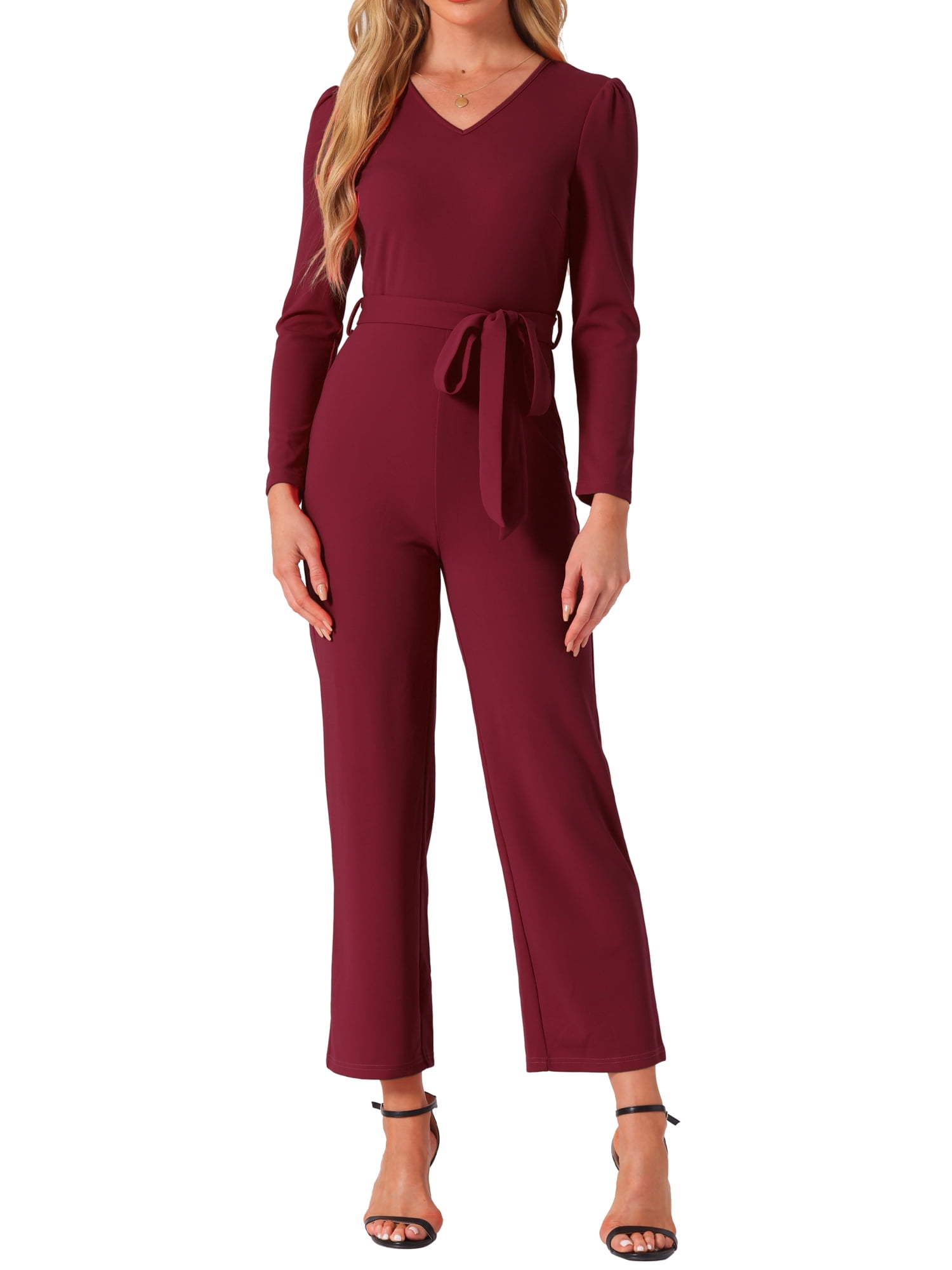 DARING DIVA Women's V Neck Wide Leg Elegant Knit Jumpsuits S Wine Red
