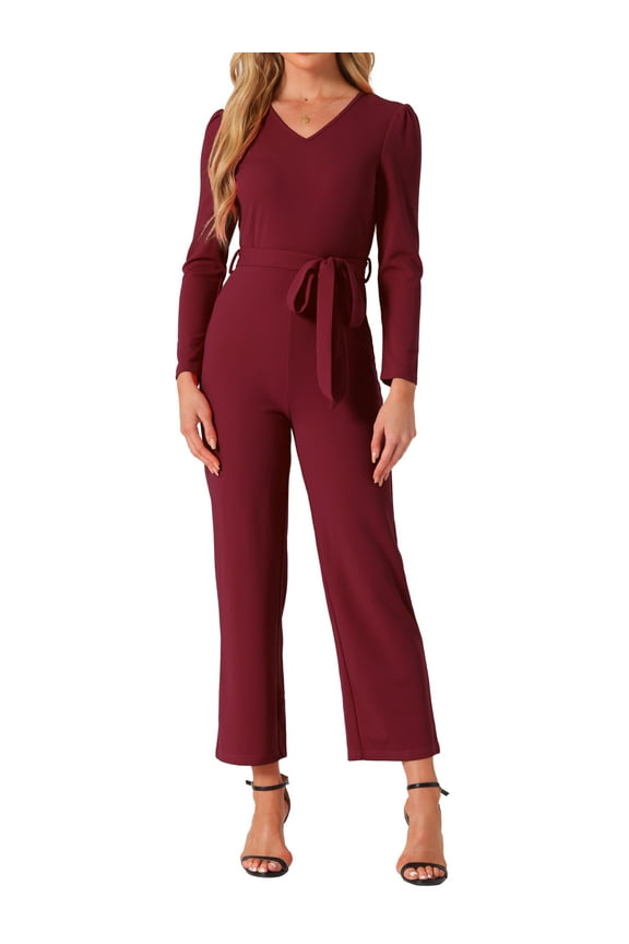 Women's V Neck Wide Leg Elegant Knit Jumpsuits XL Wine Red