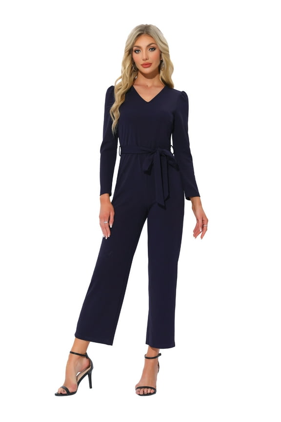 Women's V Neck Wide Leg Elegant Knit Jumpsuits XS Dark Blue