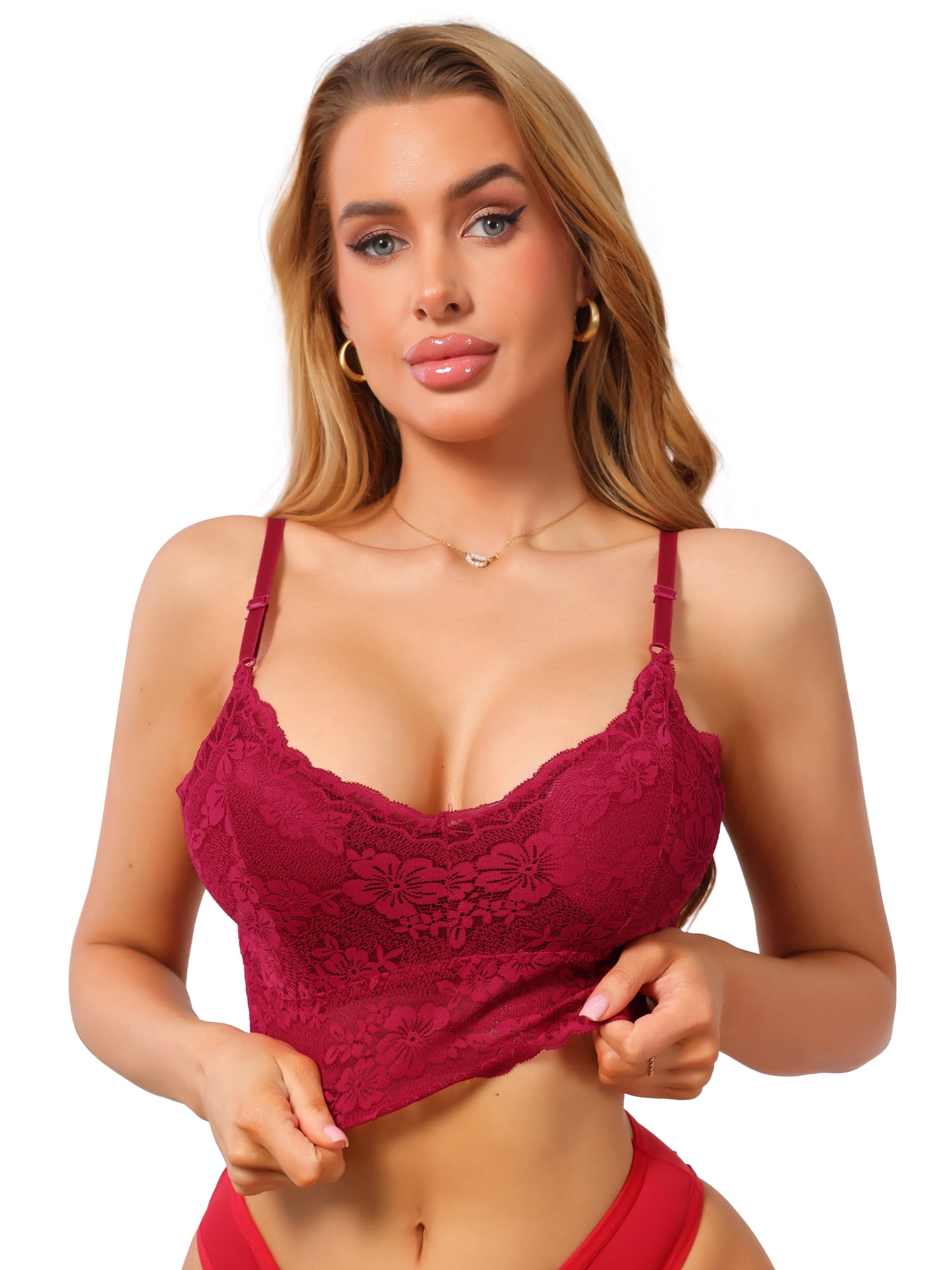 DARING DIVA Women's V Neck Wireless Adjustable Spaghetti Straps Padded Bras Large Red