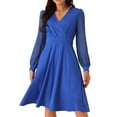thumbnail image 1 of DARING DIVA Women's V Neck Wrap Swiss Dots Lantern Sleeve Midi Dresses L Royal Blue, 1 of 5