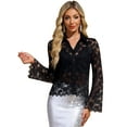 thumbnail image 1 of DARING DIVA Women's V-neck Elegant Lace Bell Sleeve Sheer Top Shirts L Black, 1 of 6