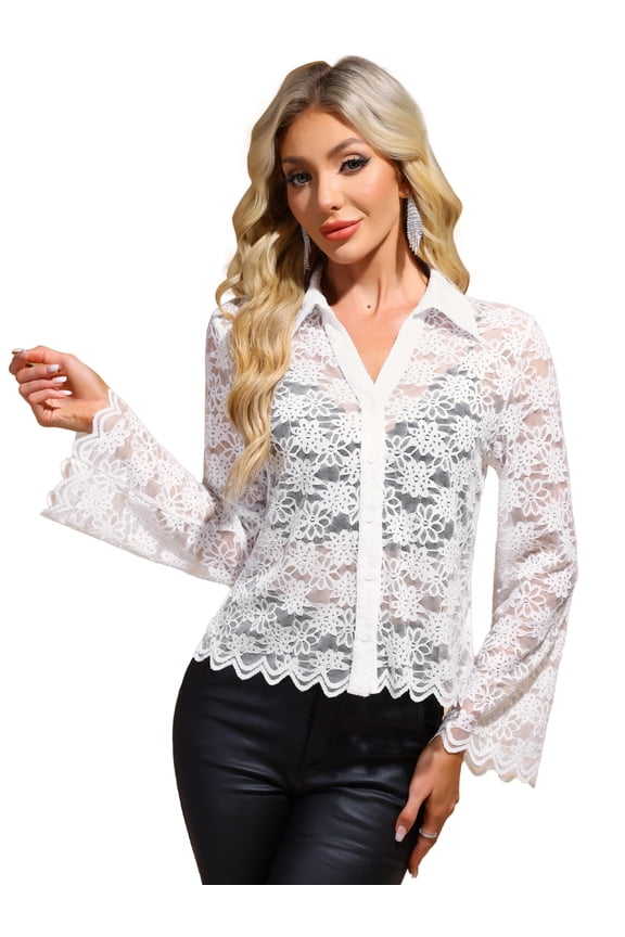 Women's V-neck Elegant Lace Bell Sleeve Sheer Top Shirts S White