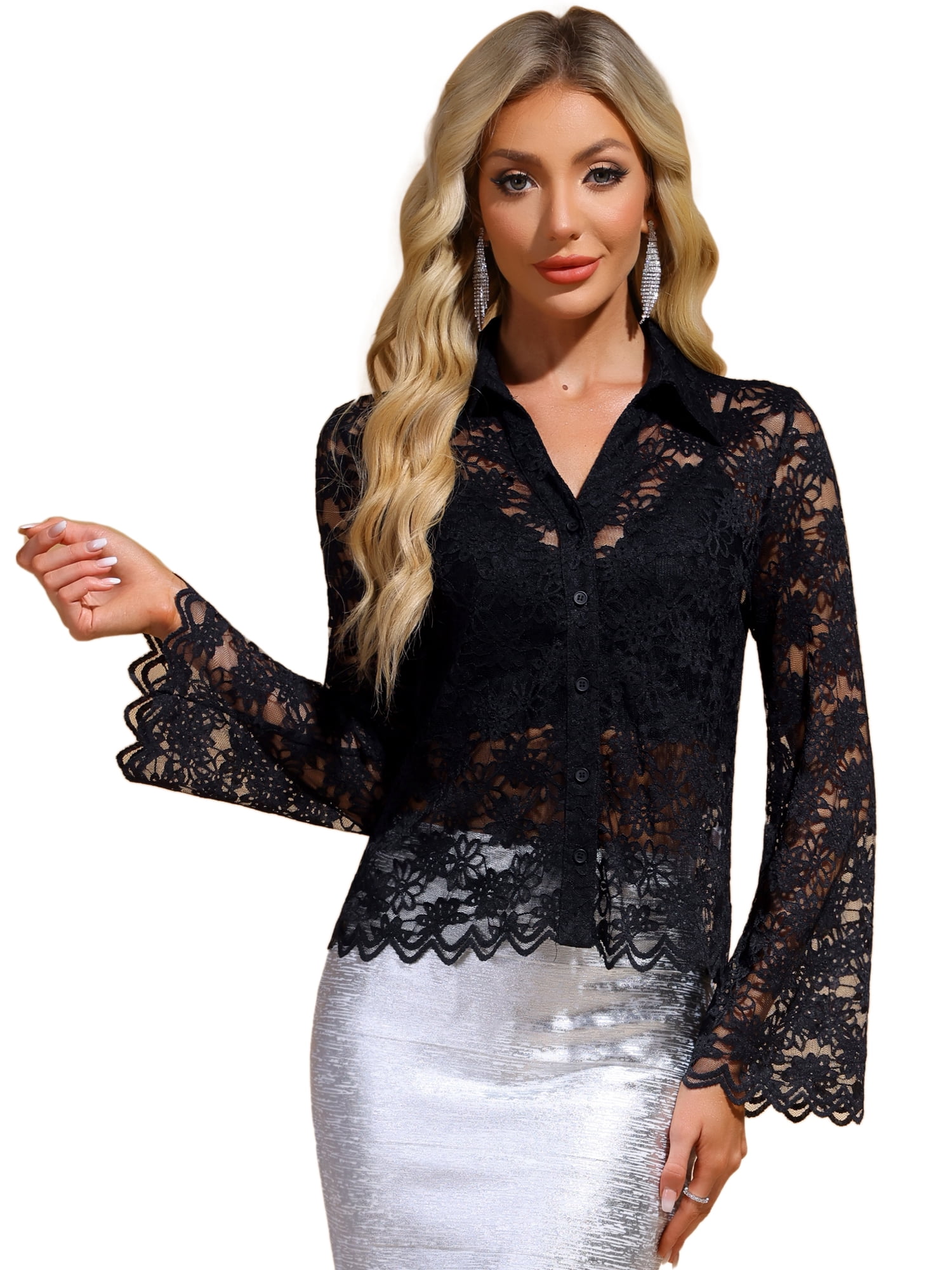 DARING DIVA Women's V-neck Elegant Lace Bell Sleeve Sheer Top Shirts XL Black