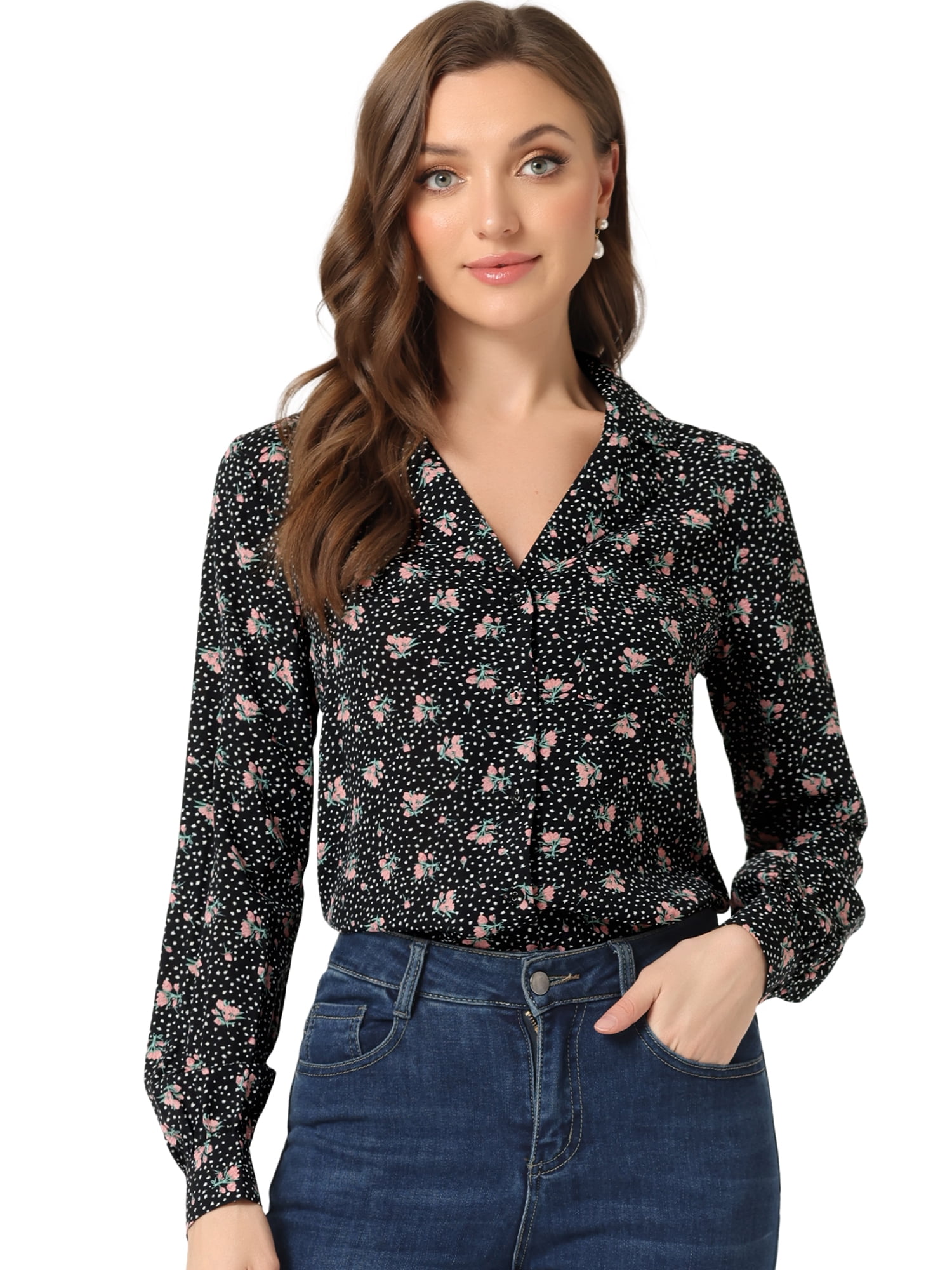 DARING DIVA Women's Valentine Long Sleeve Printed Button Down Tops XL Black Floral
