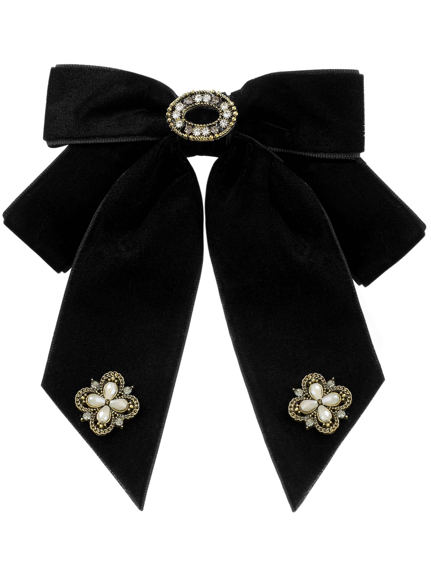DARING DIVA Women's Velvet Alloy Rhinestone Pre-Tied Bow Tie Black