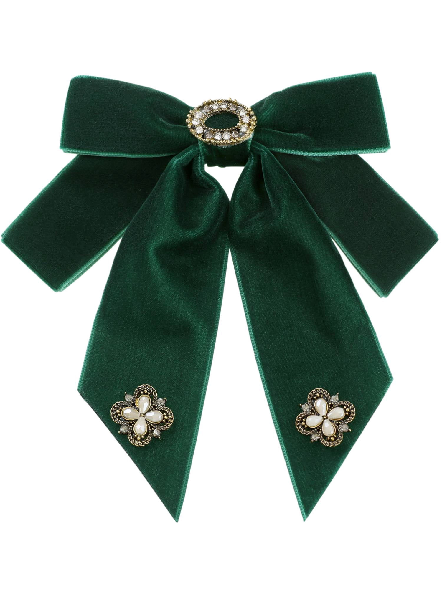 DARING DIVA Women's Velvet Alloy Rhinestone Pre-Tied Bow Tie Green