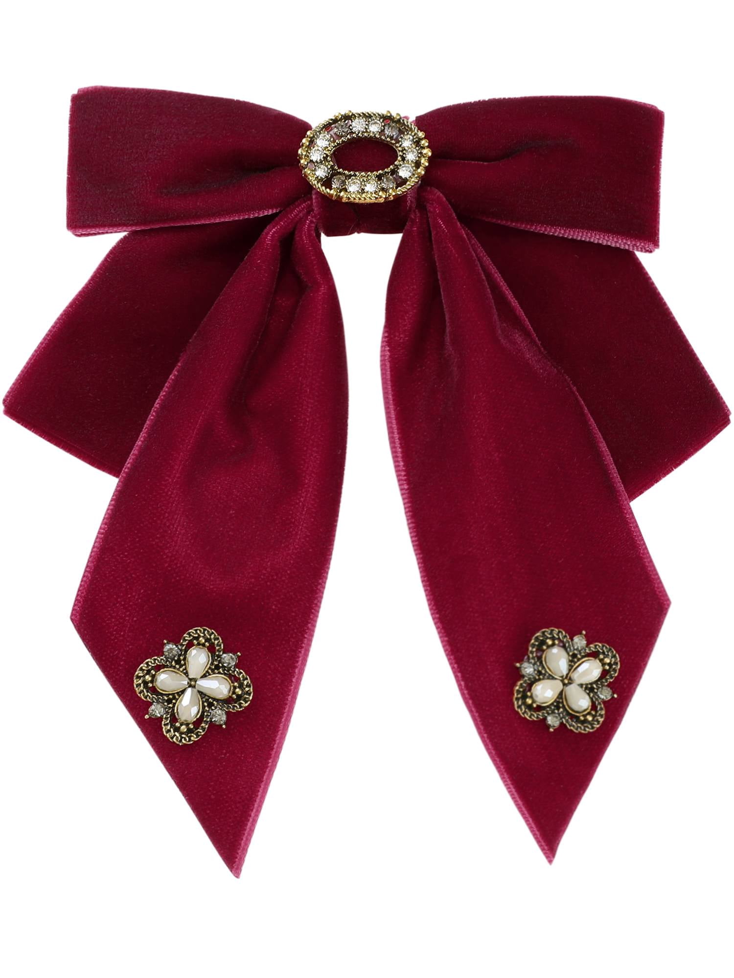 DARING DIVA Women's Velvet Alloy Rhinestone Pre-Tied Bow Tie Red