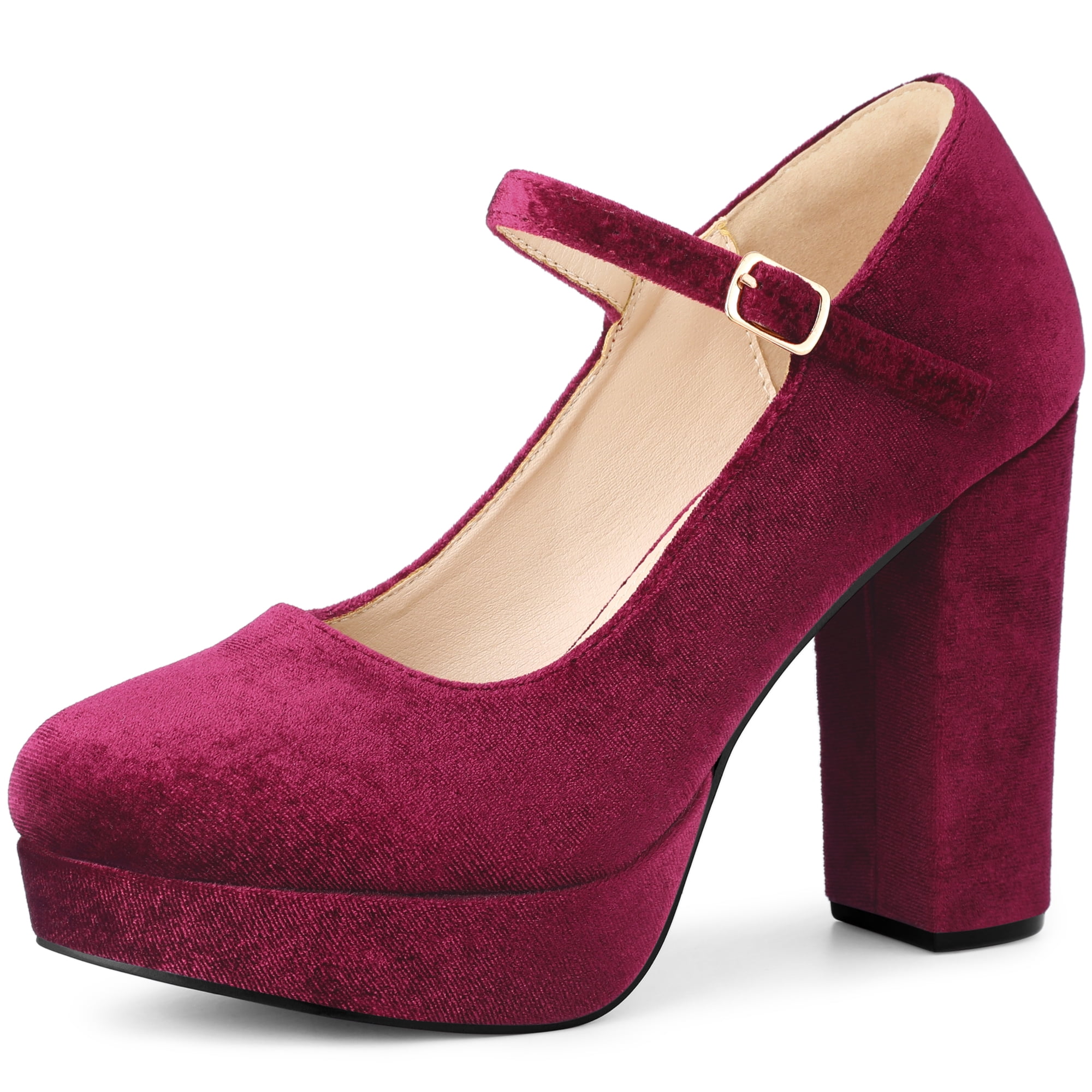 DARING DIVA Women's Velvet Ankle Strap Platform Block Heels Mary Jane Pumps Burgundy 11