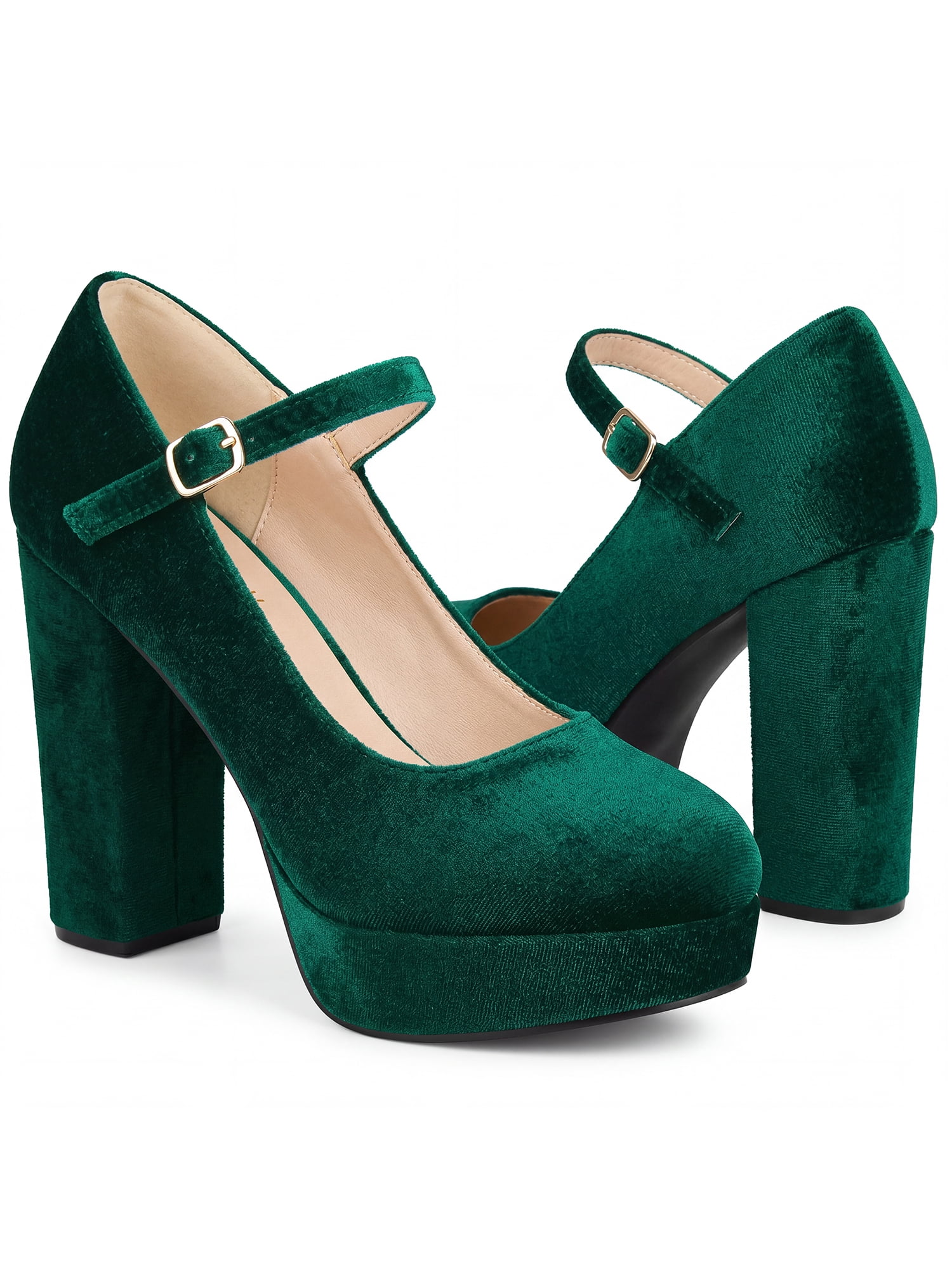 DARING DIVA Women's Velvet Ankle Strap Platform Block Heels Mary Jane Pumps Green 6