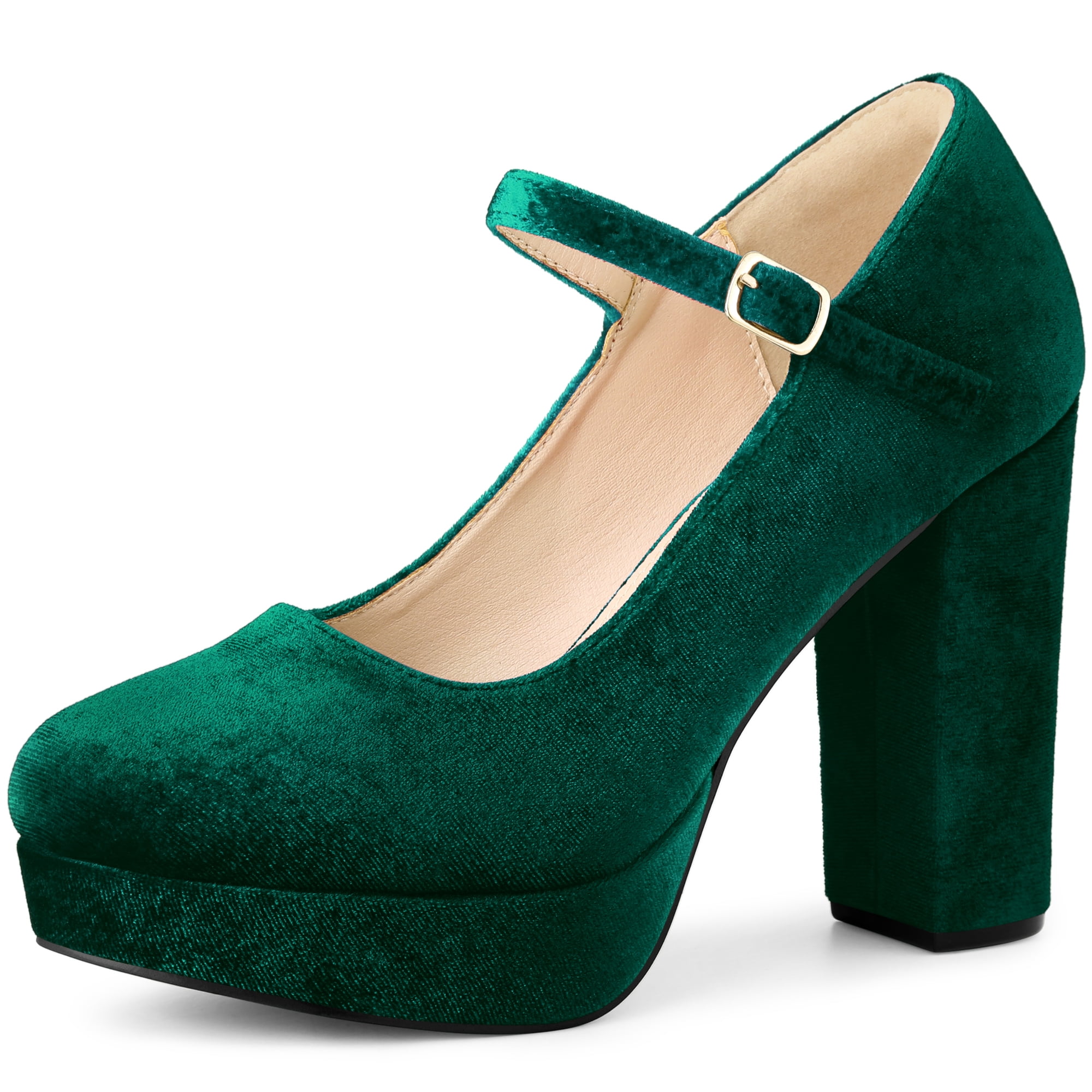DARING DIVA Women's Velvet Ankle Strap Platform Block Heels Mary Jane Pumps Green 7