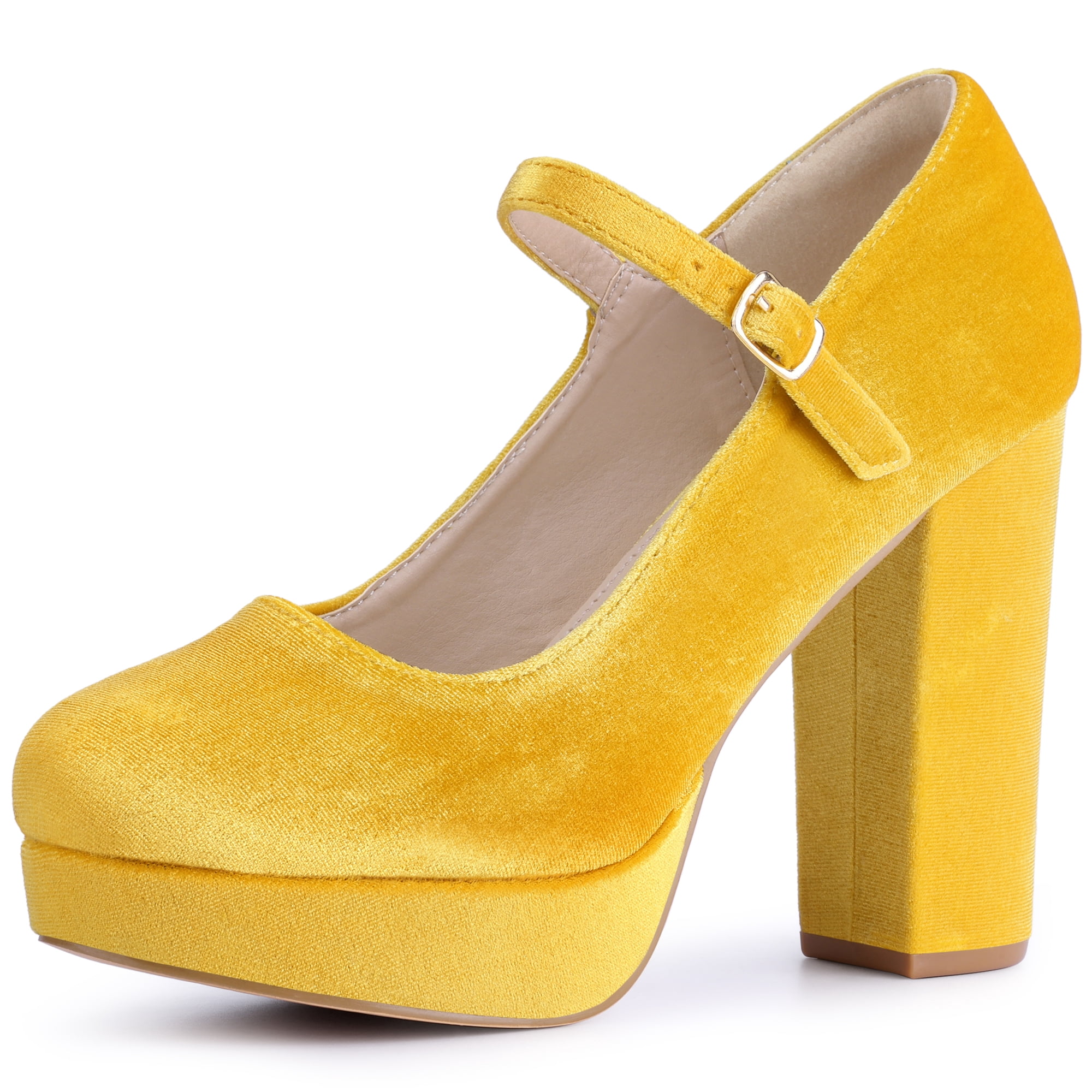 DARING DIVA Women's Velvet Ankle Strap Platform Block Heels Mary Jane Pumps Yellow 11