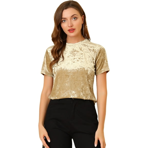 DARING DIVA Women's Velvet Blouse Tops Crew Neck Short Sleeve T-Shirt L Light Beige