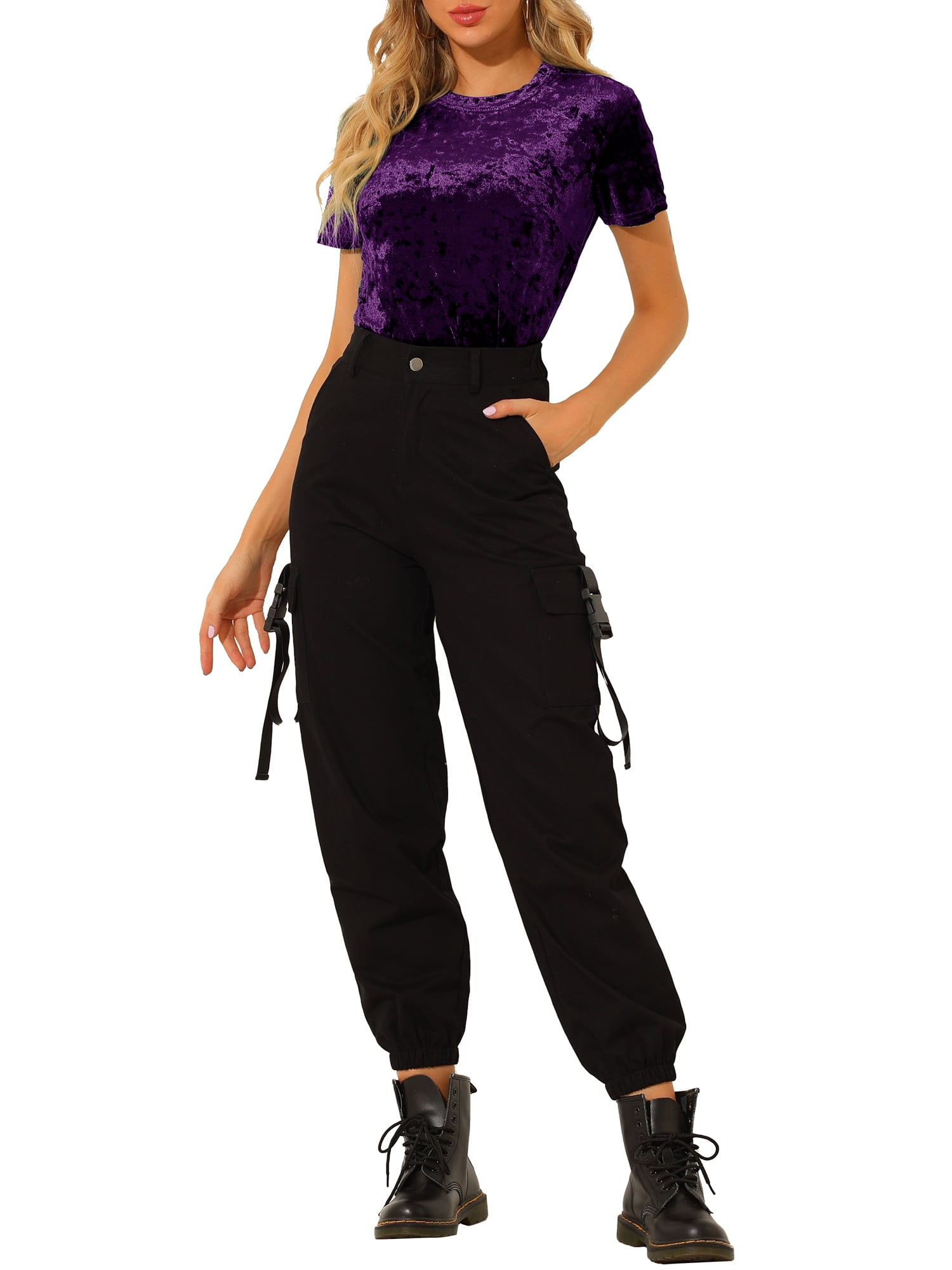 DARING DIVA Women's Velvet Blouse Tops Crew Neck Short Sleeve T-Shirt L Purple