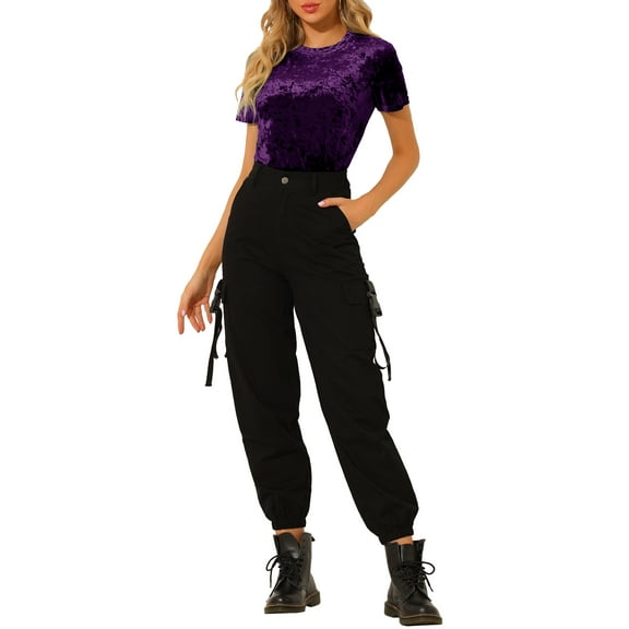 DARING DIVA Women's Velvet Blouse Tops Crew Neck Short Sleeve T-Shirt L Purple