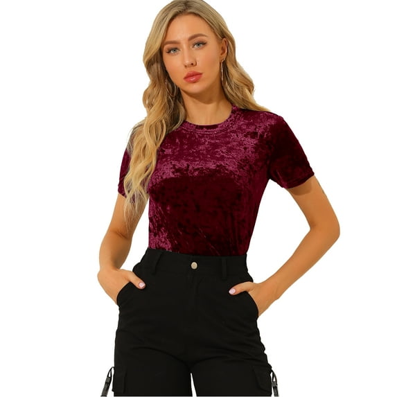 DARING DIVA Women's Velvet Blouse Tops Crew Neck Short Sleeve T-Shirt M Burgundy