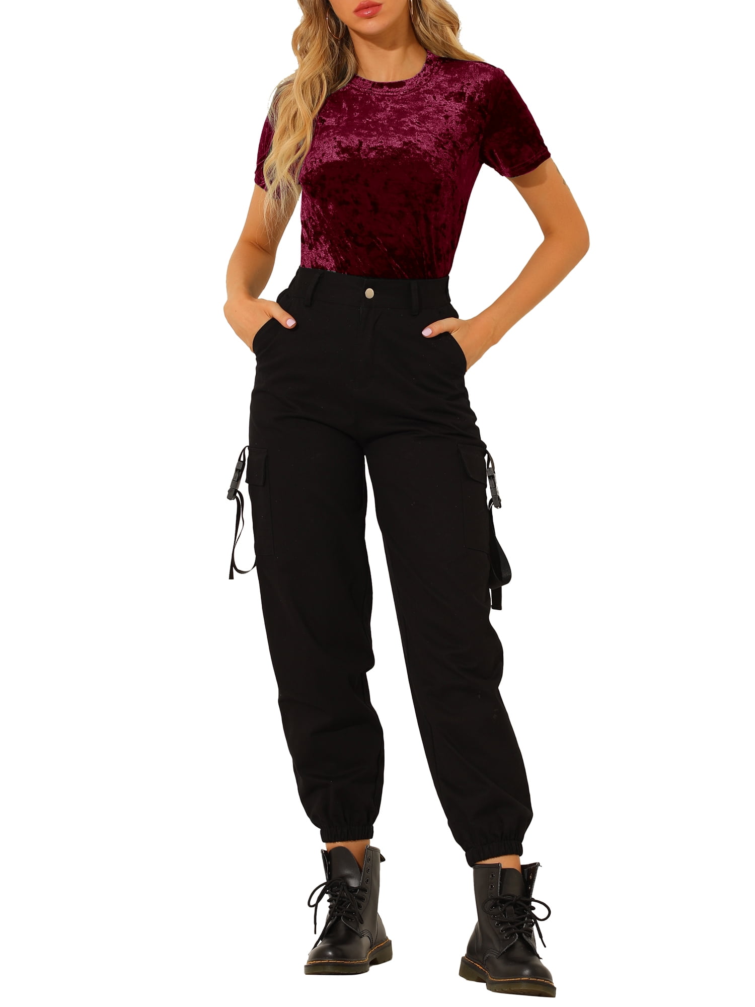 DARING DIVA Women's Velvet Blouse Tops Crew Neck Short Sleeve T-Shirt XL Burgundy