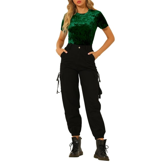 DARING DIVA Women's Velvet Blouse Tops Crew Neck Short Sleeve T-Shirt XL Green