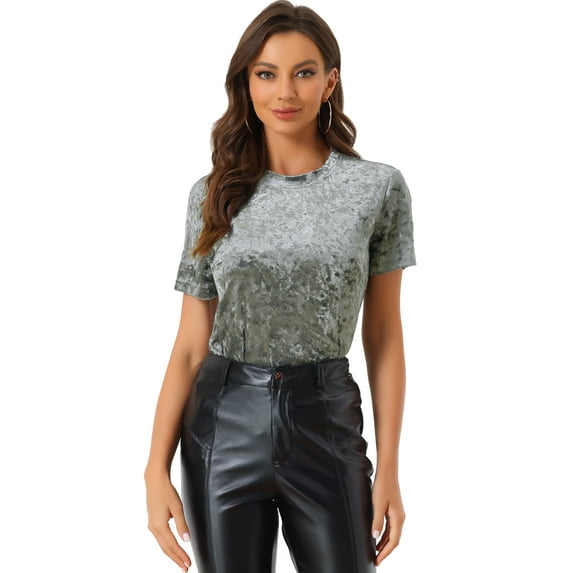 DARING DIVA Women's Velvet Blouse Tops Crew Neck Short Sleeve T-Shirt XL Grey